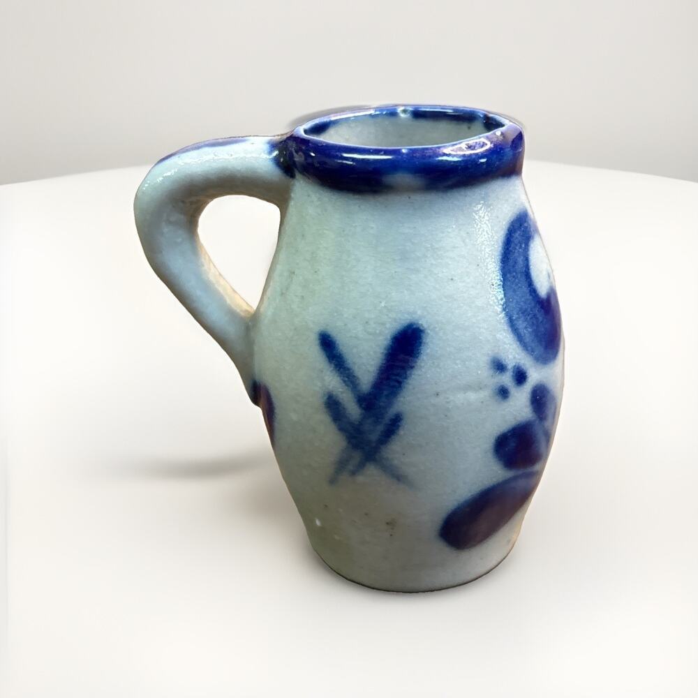 Miniature Cobalt Blue Salt Glaze Stoneware Pitcher Jug Floral 2.25” Folk Pottery